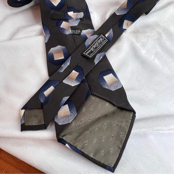 SAKS FIFTH AVENUE Mens Tie 100% Silk Blue Gray Circle Square Pattern - Picture 5 of 8